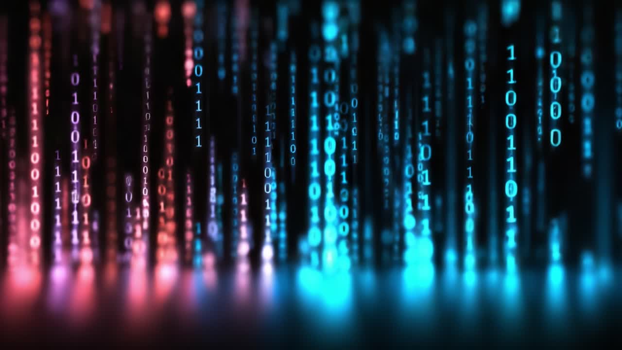 Dynamic Visualization of Binary Code Flow in Neon Colors - A Digital World of Data Streaming and Information Exchange Represented by Pulsating Formations of 0s and 1s