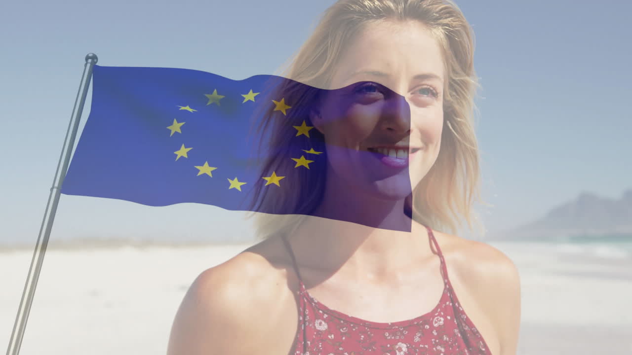 At beach, woman smiling with European Union flag animation overlaying scene