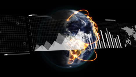 Animation-Der-Digitalen-Datenverarbeitung-über-Dem-Globus-Auf-Schwarzem-Hintergrund