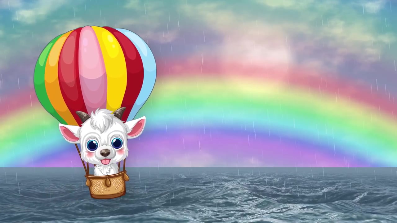 Animated cute goat in colorful balloon floats over wavy sea under rainbow and rain.