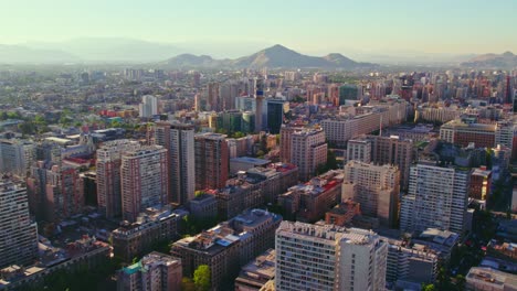 Aerial-Panoramic-Drone,-Santiago-Chile-Cityscape-Skyline-Mountain-Entel-Building-during-Daylight,-South-American-Capital