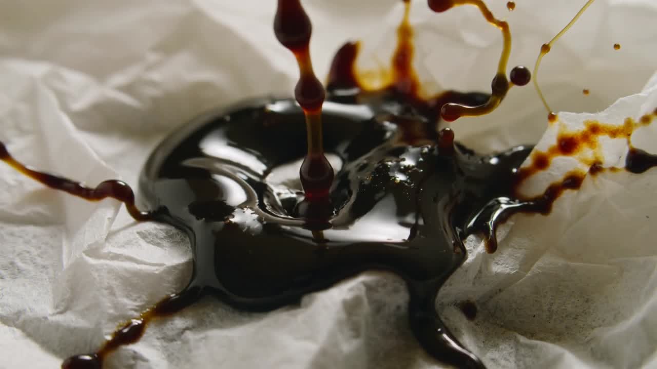 Versando dall'alto, liquido scuro viscoso che forma una pozzanghera, schizzando su carta bianca accartocciata su un tavolo.