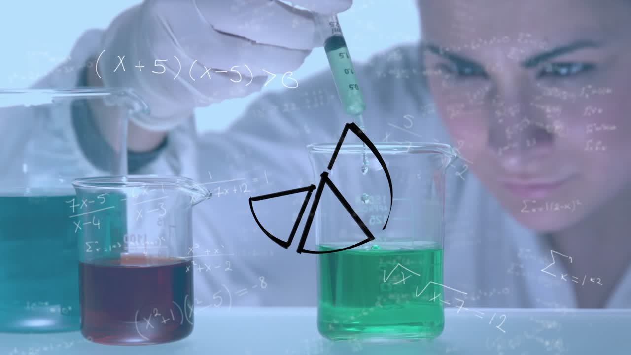 Pasta grafiği, matematik denklemleri ve beherde şırıngayla sıvı döken beyaz bir bilim insanının animasyonu