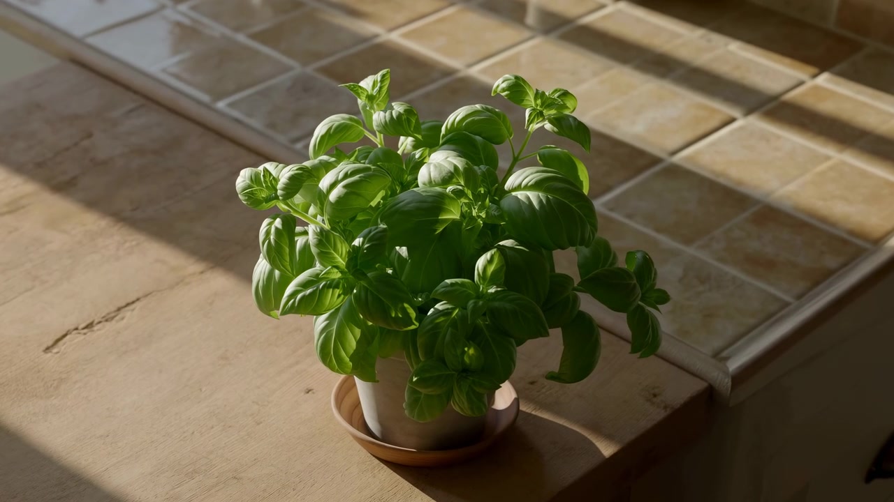 Basilico sano in vaso si trova in un piccolo vaso con sottovaso in terracotta su un piano di lavoro in legno testurizzato accanto a un davanzale piastrellato beige