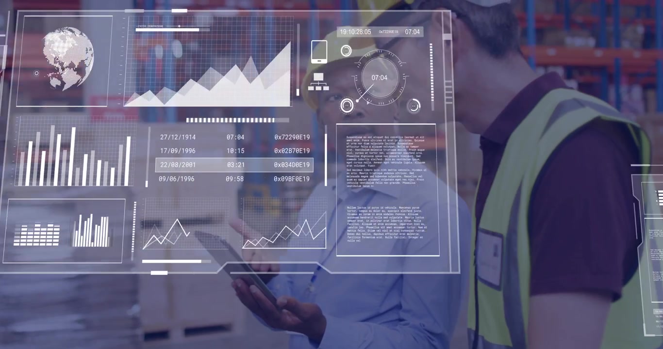 Supervisor swiping tablet in logistics hub initiating holographic charts floating over tablet