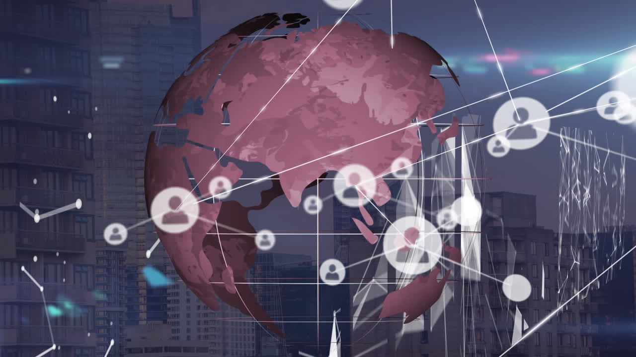 도시 풍경 위의 아이콘과 글로브로 연결된 네트워크의 애니메이션