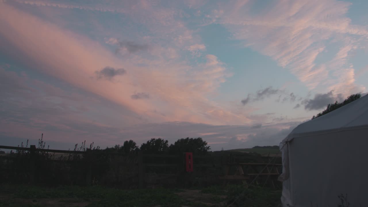 Camping Tent With Idyllic Nature Landscape Near Countryside In West Sussex, England. - Wide Shot
