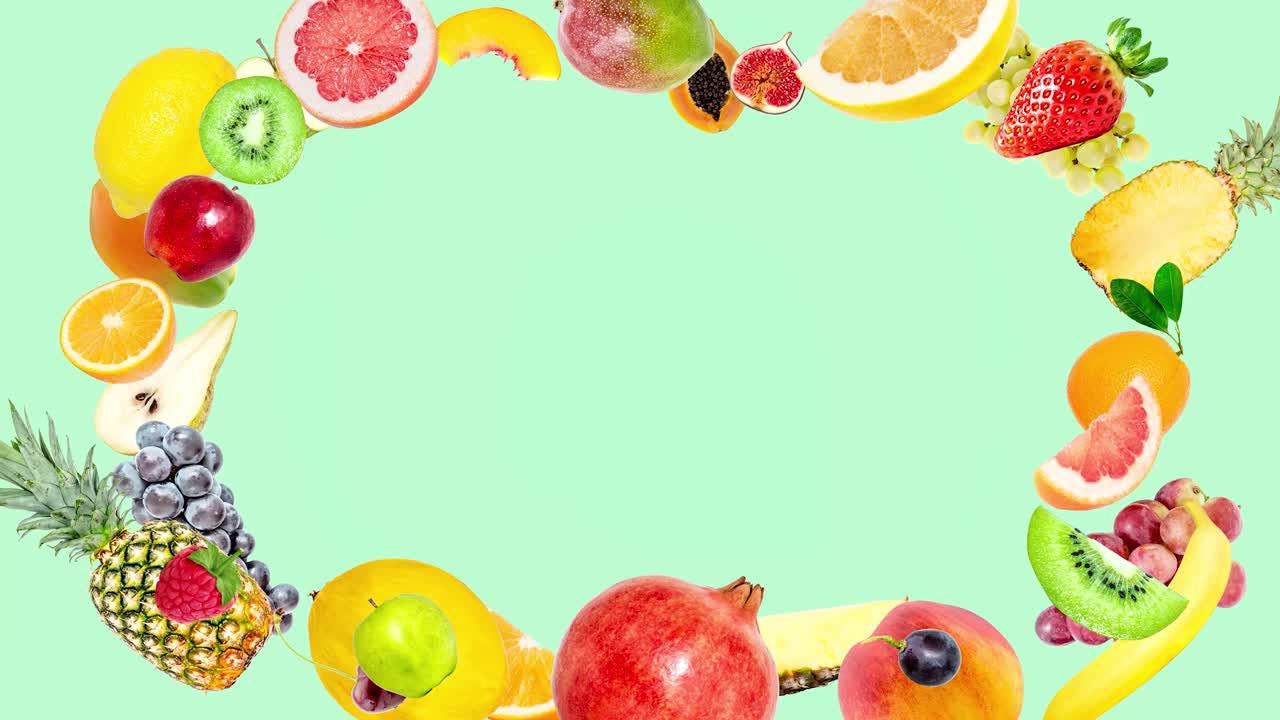 Creative 4k stop motion animation of many different tropical fruits appearing from the center, freezing for a moment and scattering in different directions on a soft green background. Fruit explosion.