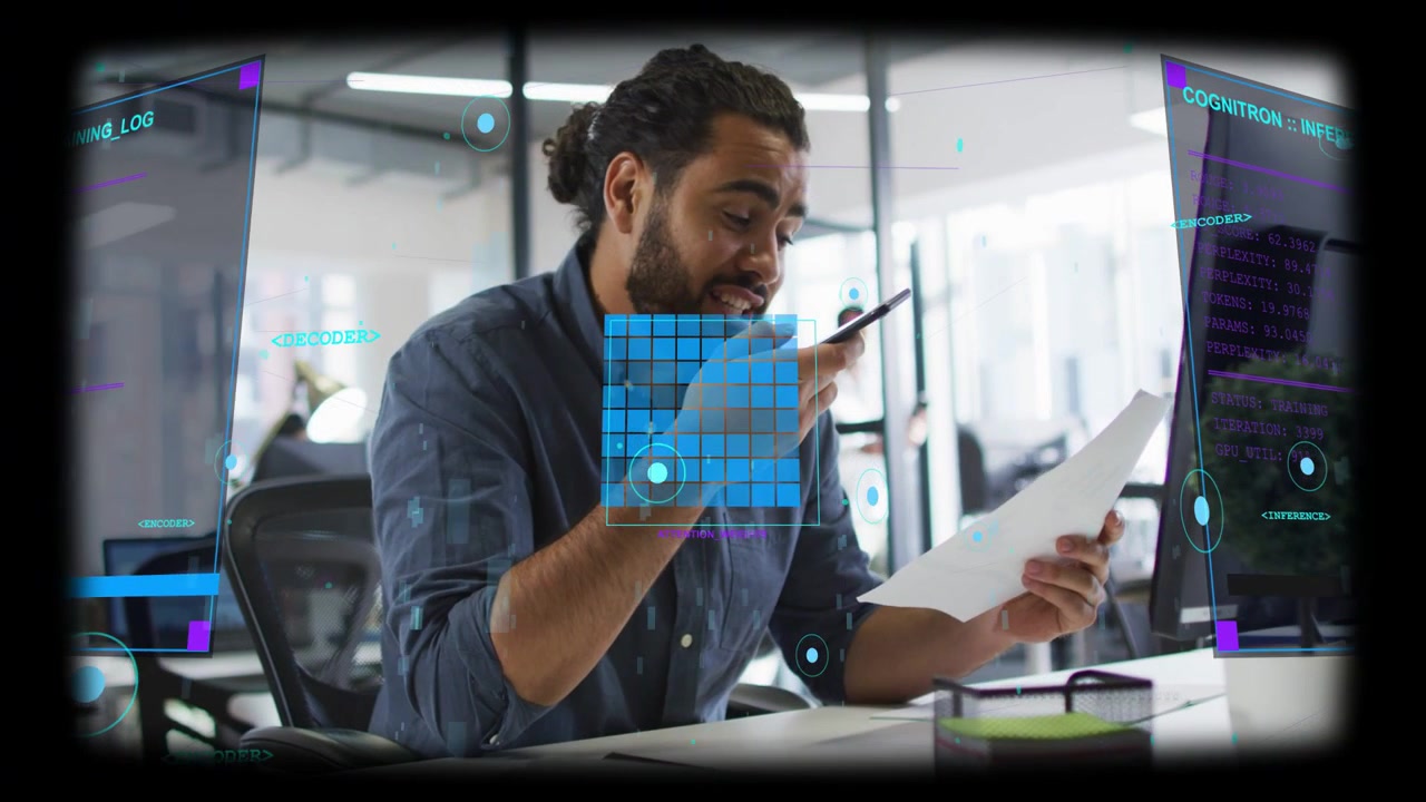 Man scanning document, speaking into phone and confirming business data with holo UI over torso