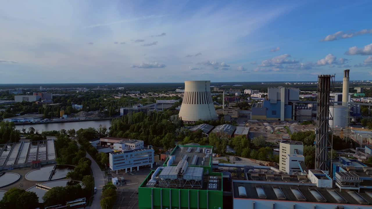Waste incineration plant, waste to new energy sources, polluting the atmosphere and contributing to climate change. Majestic aerial view flight panorama overview drone