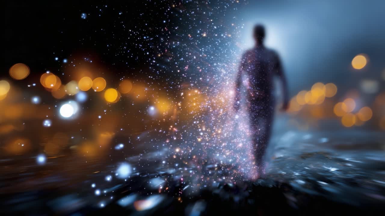 A Mystical Journey Through the Universe: A Figure Emerges from a Cosmic Cloud in a Mesmerizing Display of Light and Color Blurring the Line Between Reality and Dreams