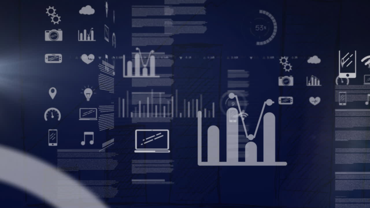 Animation of graph and media icons over charts and processing data