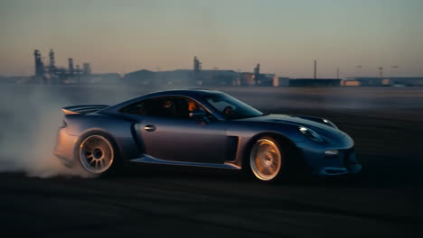 a blue sports car drifting and creating smoke at dusk