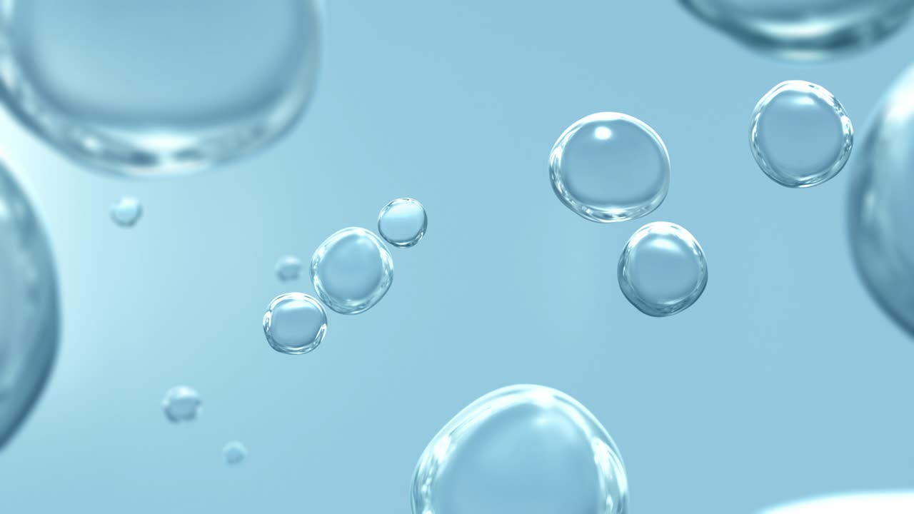 완전 프레임 매크로 루프 배경에서 물 아래의 투명한 화장품 가스 거품