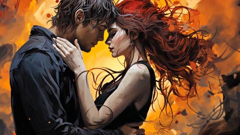 couple sharing an intimate moment amidst vibrant fiery colors