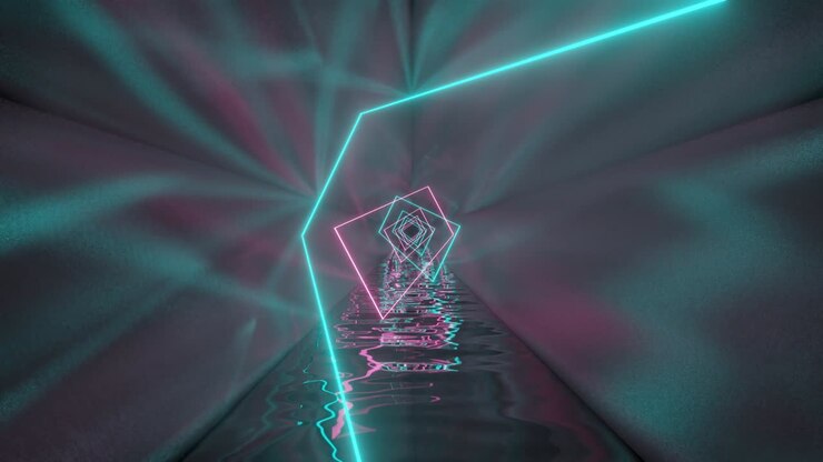 Luci al neon renderizzate in 3D all'interno di un tunnel metallico. Grafica in movimento in loop continuo con uno sfondo animato minimale