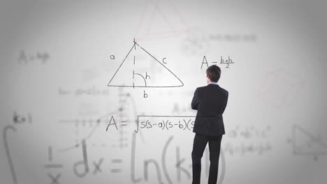 animación de ecuaciones matemáticas sobre un hombre de negocios caucásico en fondo blanco