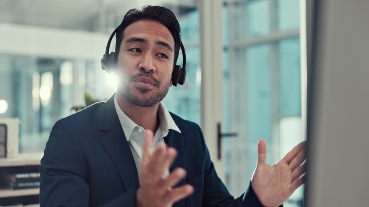 Businessman, call center and virtual meeting