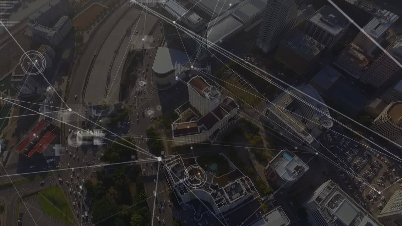 animación de la red de conexiones sobre el paisaje urbano