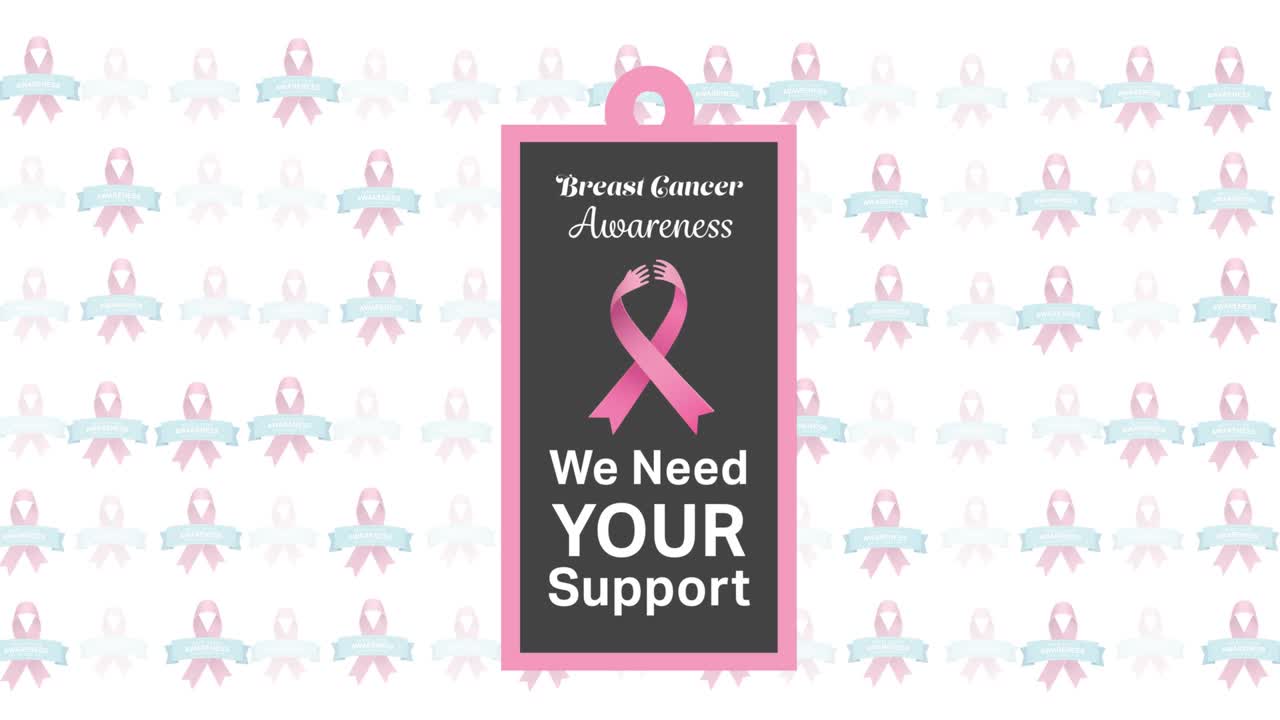 анимация текста о осведомленности о раке молочной железы на розовых лентах с раком молочной железы