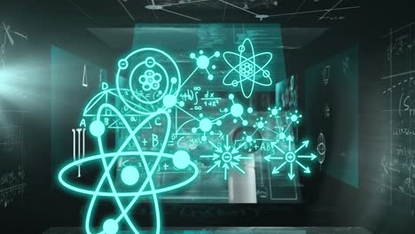 Animation-of-molecules-and-scientific-data-processing-over-black-background