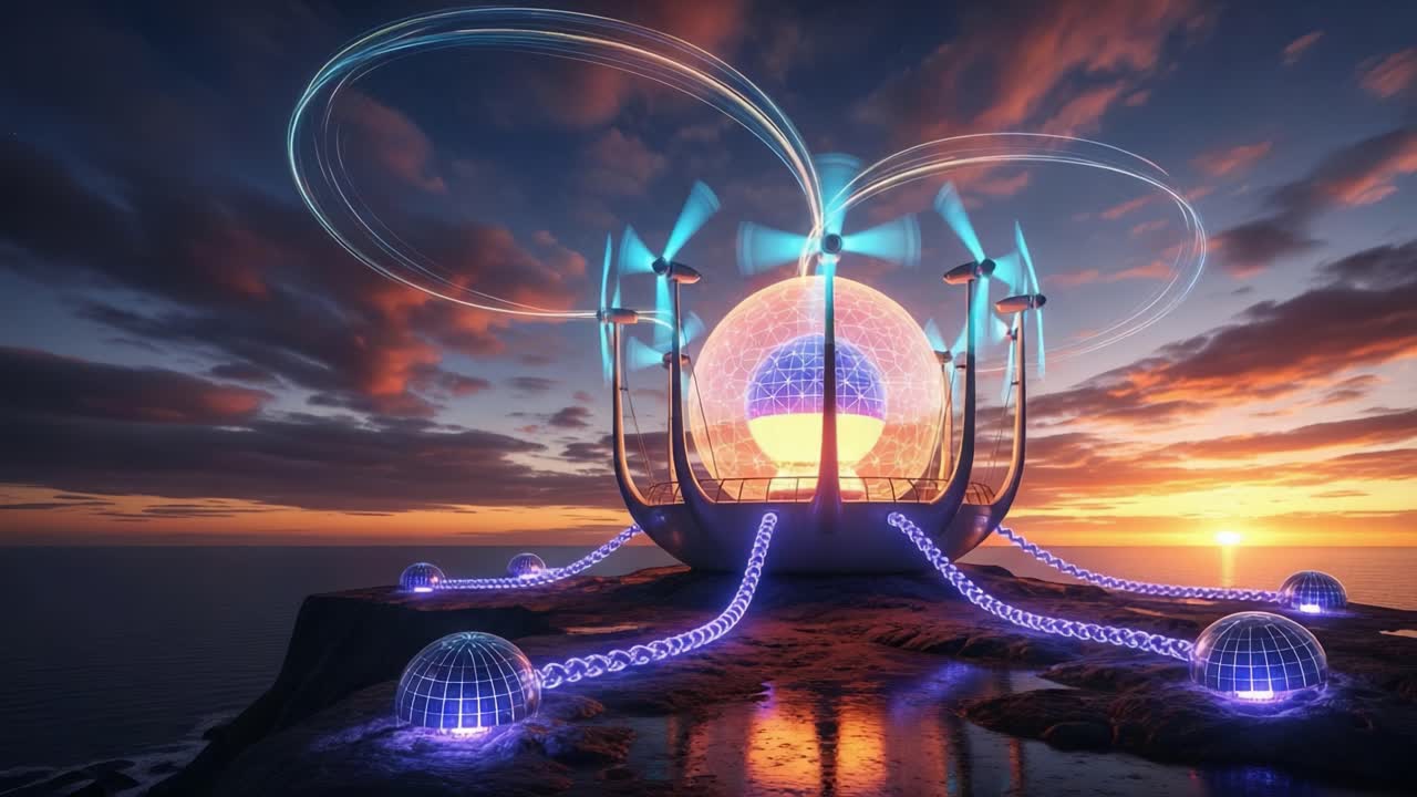 A Stunning Futuristic Energy Structure with Whirling Turbines and Vibrant Lights against a Breathtaking Sunset Overlooking a Vast Ocean