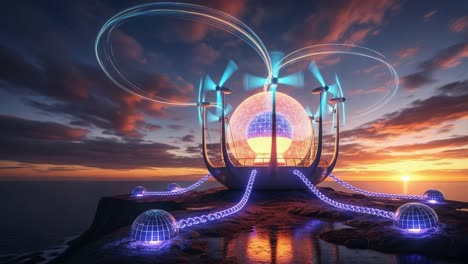 a stunning futuristic energy structure with whirling turbines and vibrant lights against a breathtaking sunset overlooking a vast ocean