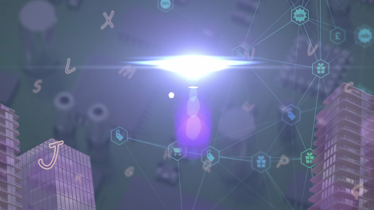 컴퓨팅 보드 위에 미디어 아이콘과 숫자의 애니메이션