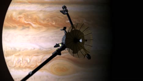 dramatic 3d cgi animated render of the galileo orbiter spacecraft in orbit around the planet jupiter as it spins slowly, with the famous and awe inspiring red spot of jupiter in the background