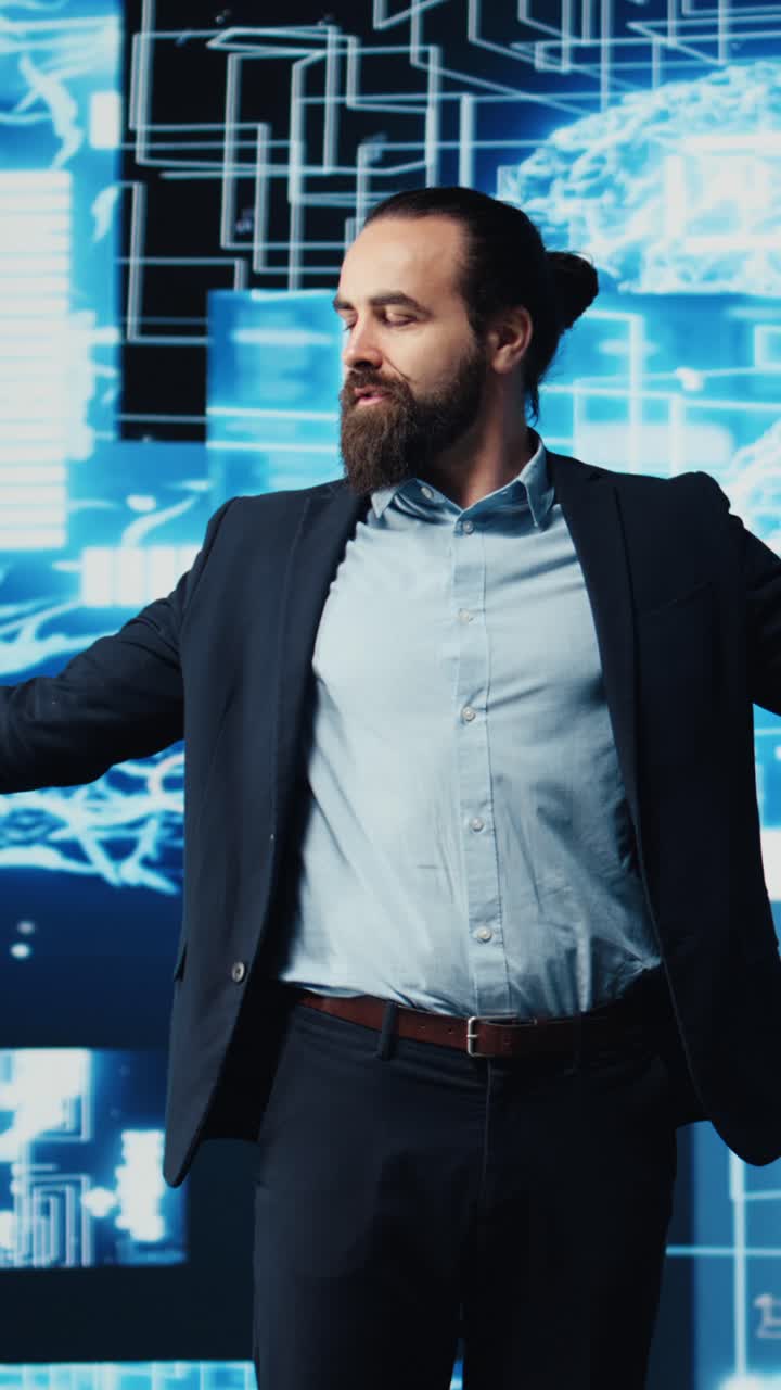 Vertical Video Male entrepreneur works on implementing AI brain system for deep learning