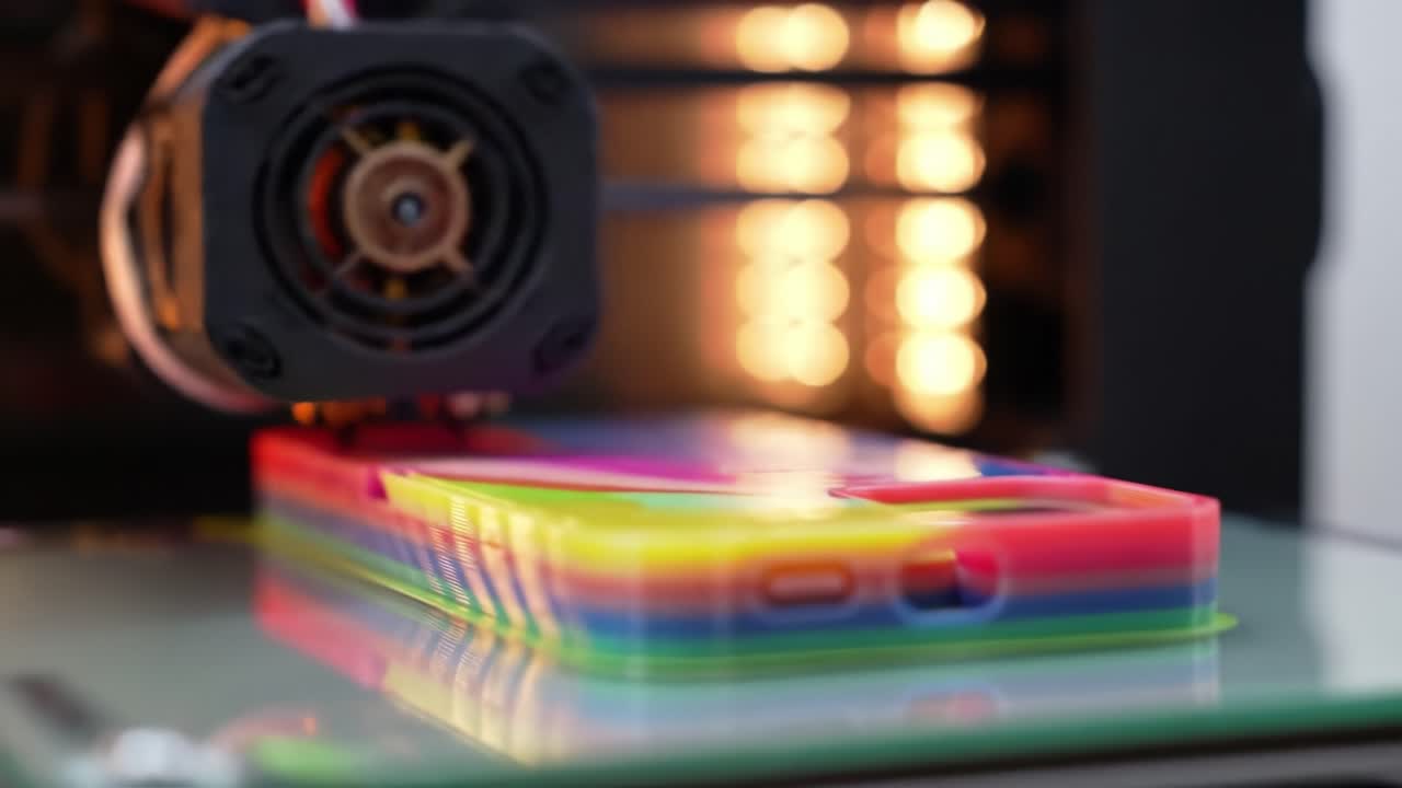 Innovative 3D Printing Process Captured in Action, Showcasing the Creation of a Colorful Phone Case Layer by Layer with Precision and Detail