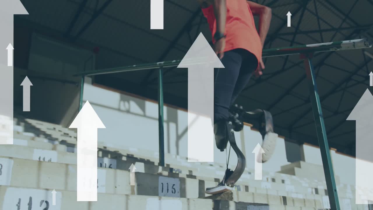 animación de flechas sobre un corredor afroamericano discapacitado