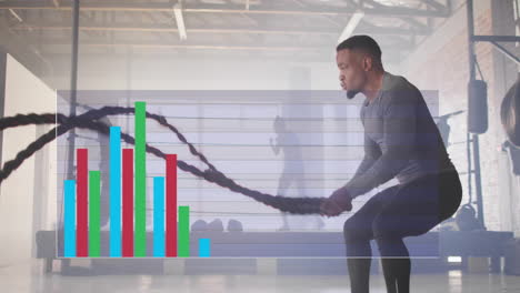 animation of data processing and diagrams over biracial man exercising with ropes at gym