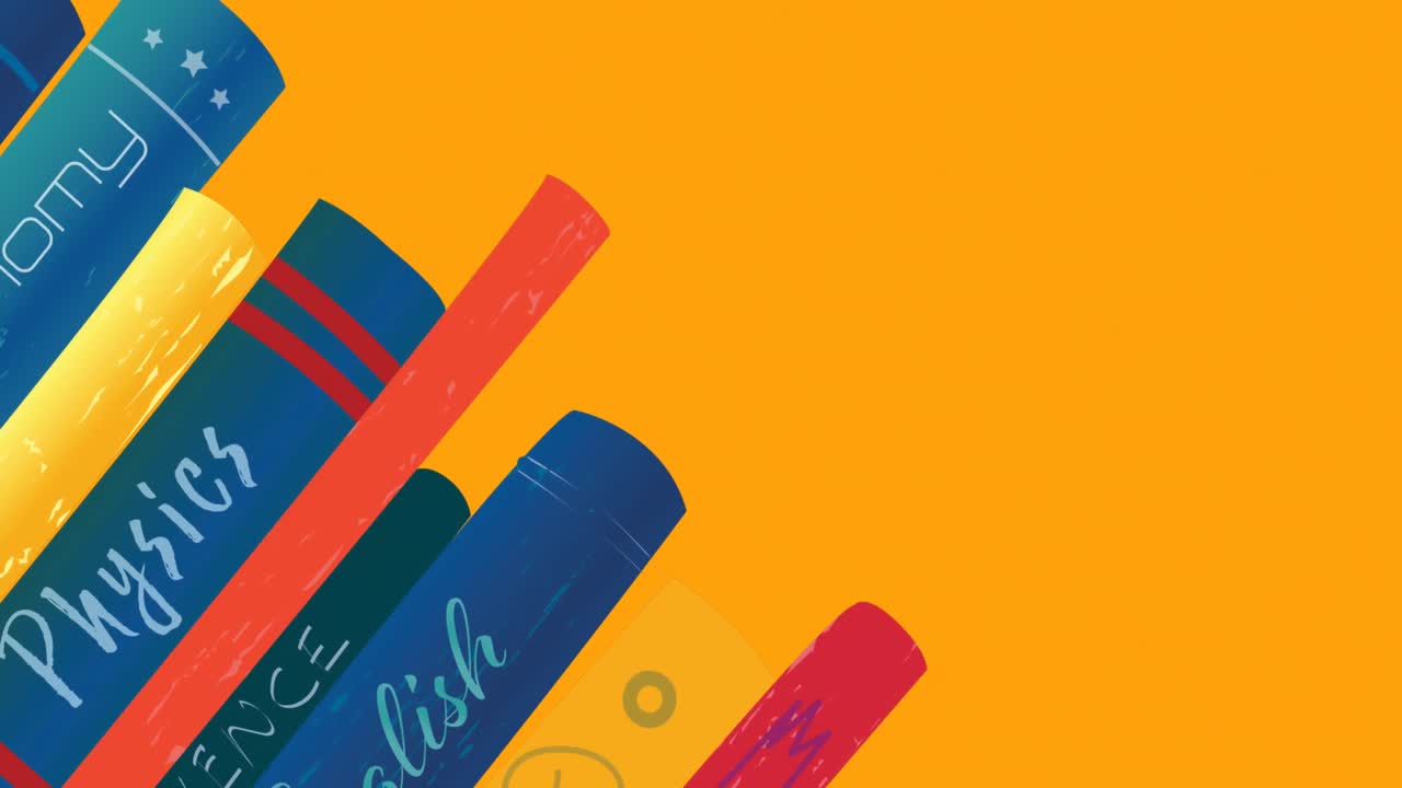 Animation of books school icons and copy space over orange background