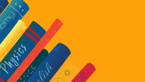 animación de libros iconos escolares y espacio de copia sobre fondo naranja