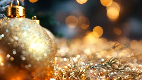 a gold ornament sits on a table with a lot of glitter. the ornament is surrounded by a lot of glitter, which gives it a festive and celebratory feel
