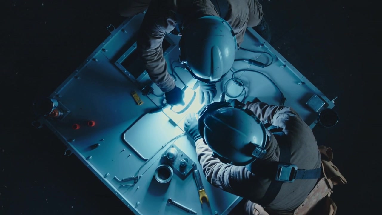 Luce da lavoro che illumina due membri dell'equipaggio con casco e tuta che controllano i cavi e fissano il modulo al pannello.