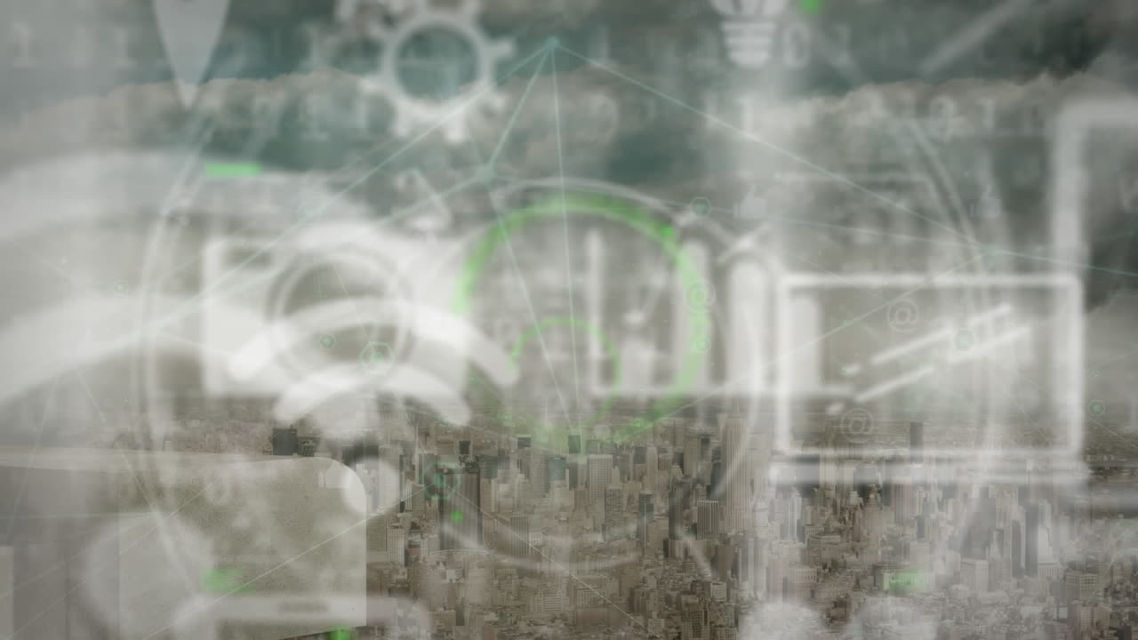 응용 프로그램 아이콘의 애니메이션, 클라우드 스케이프에 대한 도시 풍경의 공중 전망을 통해 연결된 점