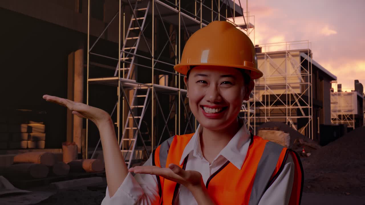 Close Up Of Asian Female Engineer With Safety Helmet Smiling And Pointing To Side While Standing At Construction Site in Progress to New House