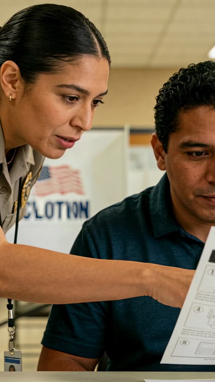 Vertical video: Pointing uniformed staff guiding man through form at polling site with ID to assist