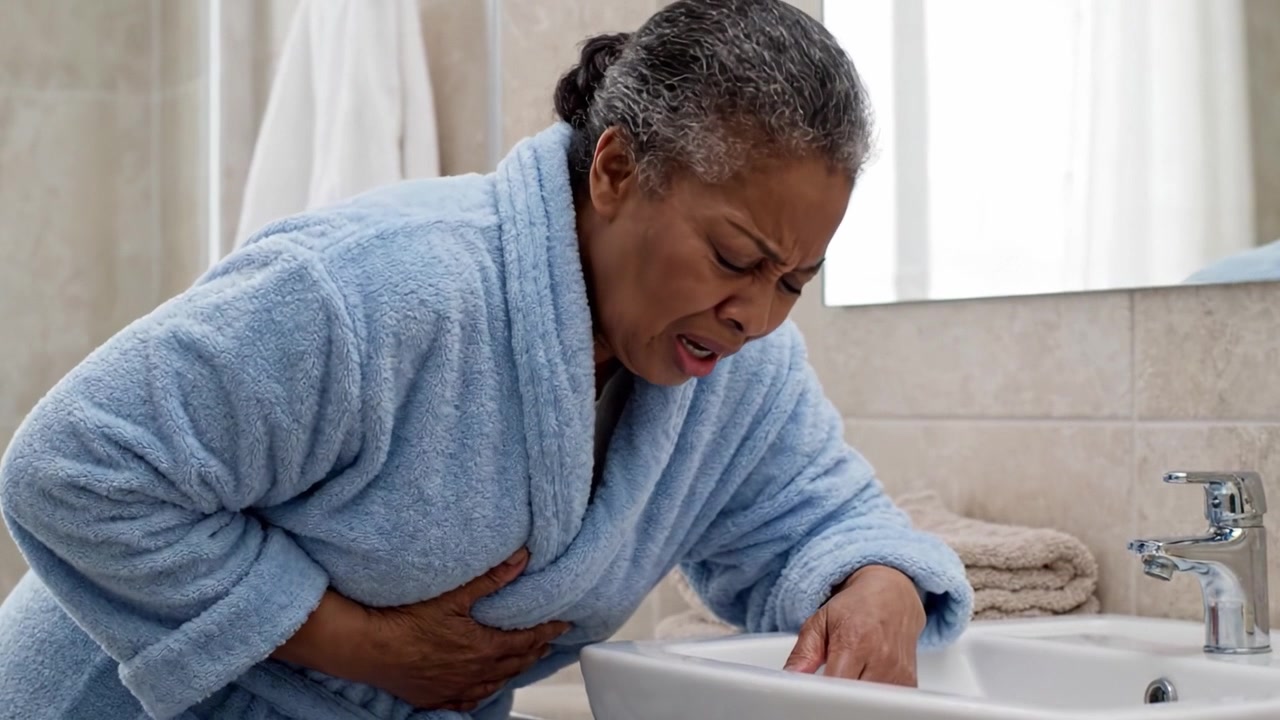 A Distressing Moment: A Woman in a Bathroom Dealing with Severe Discomfort While Clutching Her Stomach, Reflecting a Need for Immediate Care and Attention