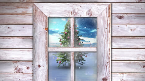animation of snow falling and christmas tree in winter scenery seen through window