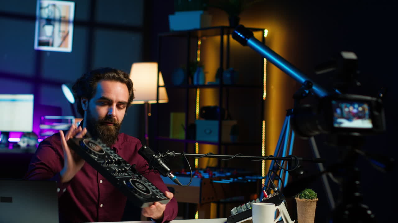 Man filming technology review, recommending newly launched DJ controller