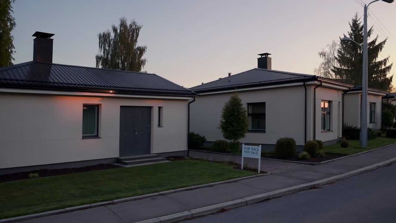Contemporary suburban homes with sleek design and manicured lawns, highlighted by the warm glow of sunset. A for sale sign indicates availability, enhancing the residential appeal