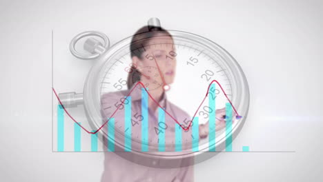 animation of statistics with businesswoman and stopwatch