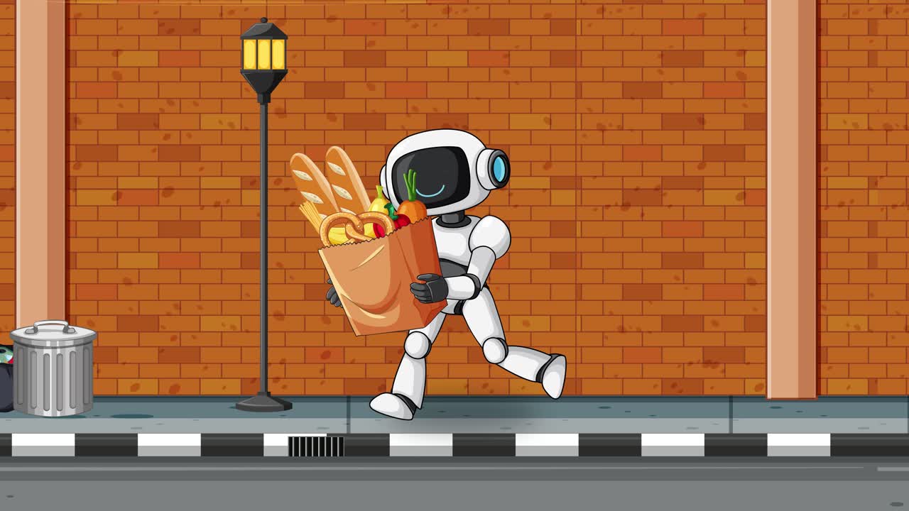 Humanoid robot walks along city sidewalk holding grocery bag, passing streetlights and trash can