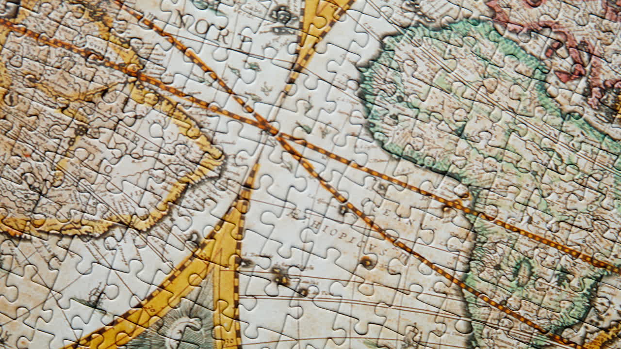 Dynamic view finished puzzle displaying vintage global chart. Jigsaw connected