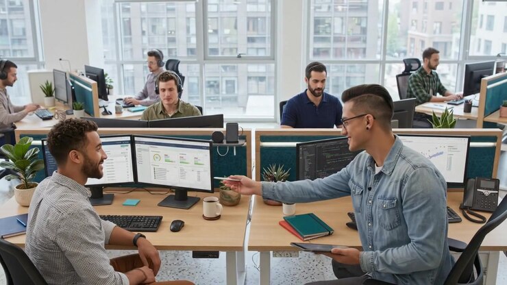 Business Team Working Together Around Conference Table in Contemporary Office
