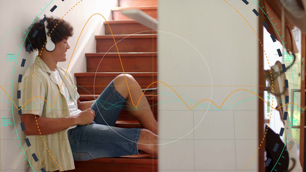 Tapping man causing HUD, swiping tablet on stairs at home, listening with headphones, copy space