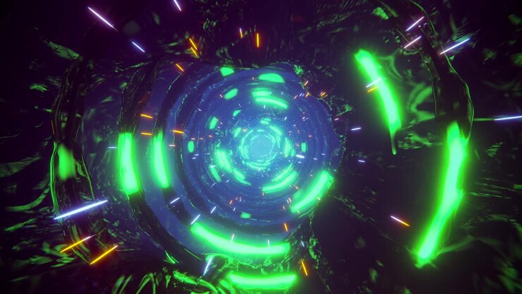 Flying through a fantasy tunnel with flowing green neon light. Infinitely looped animation.